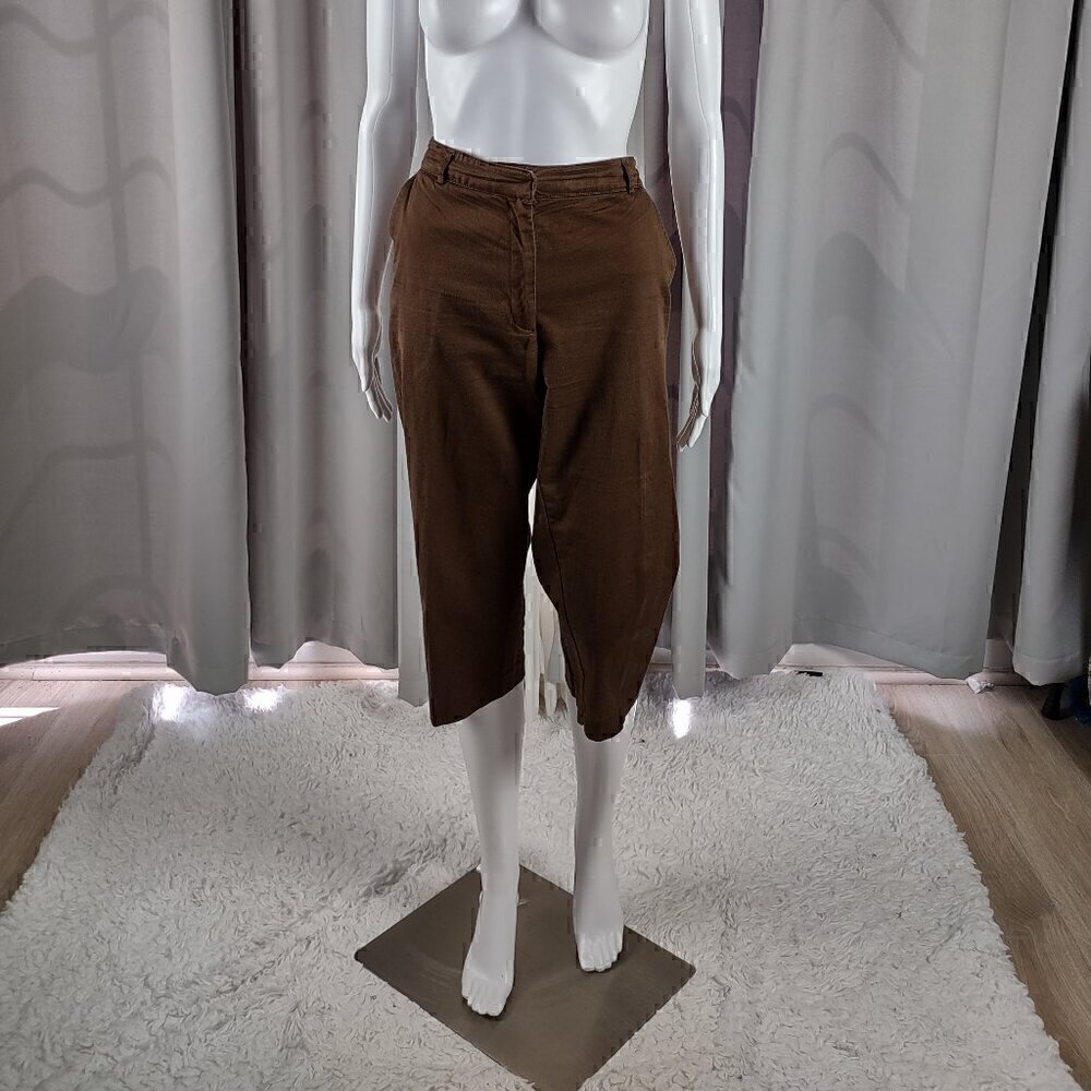Kim Rogers Petite Cotton Brown One Button Back Elastic Waist Capri Pants Sz 10P